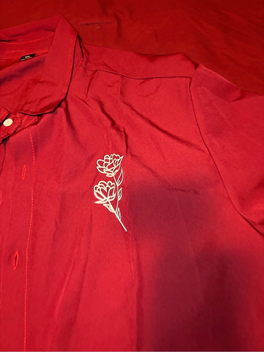 SHEIN Red Casual Button-Down Shirt with White Floral Outline